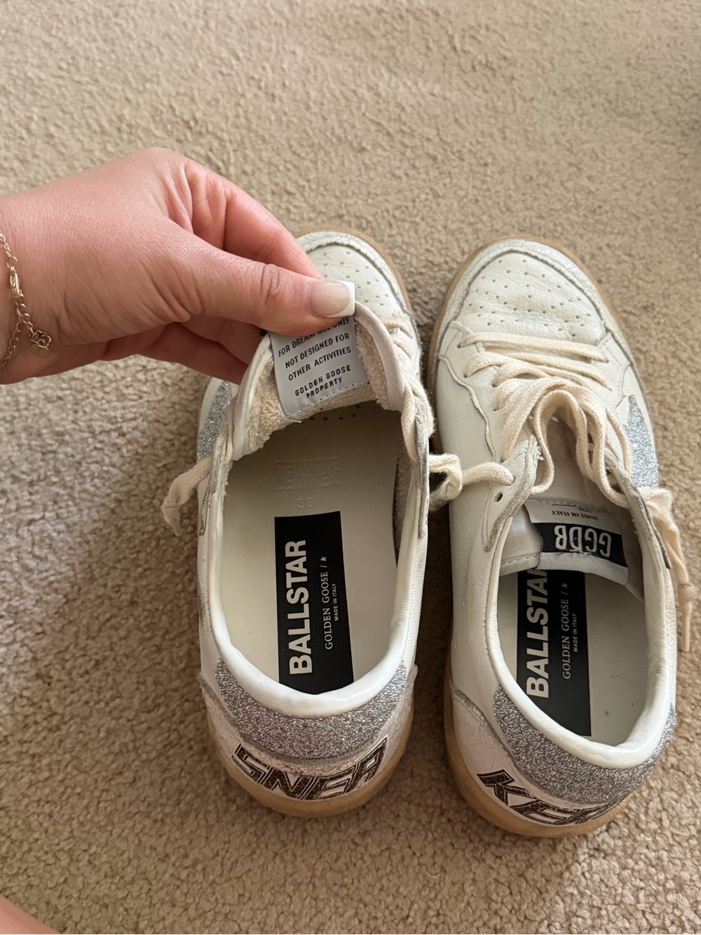 Golden Goose White Ball Star Leather Sneakers with Silver Glitter Star Accent - Picture 6 of 8